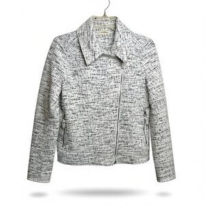Max Studio Textured Knit Moto Jacket Zipper Black White Spread Collar Small Chic